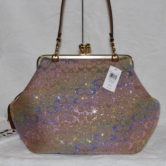 NWT COACH LARGE Oversized Kisslock Frame Bag Rainbow Crystal Signature Jacquard - Picture 4 of 9